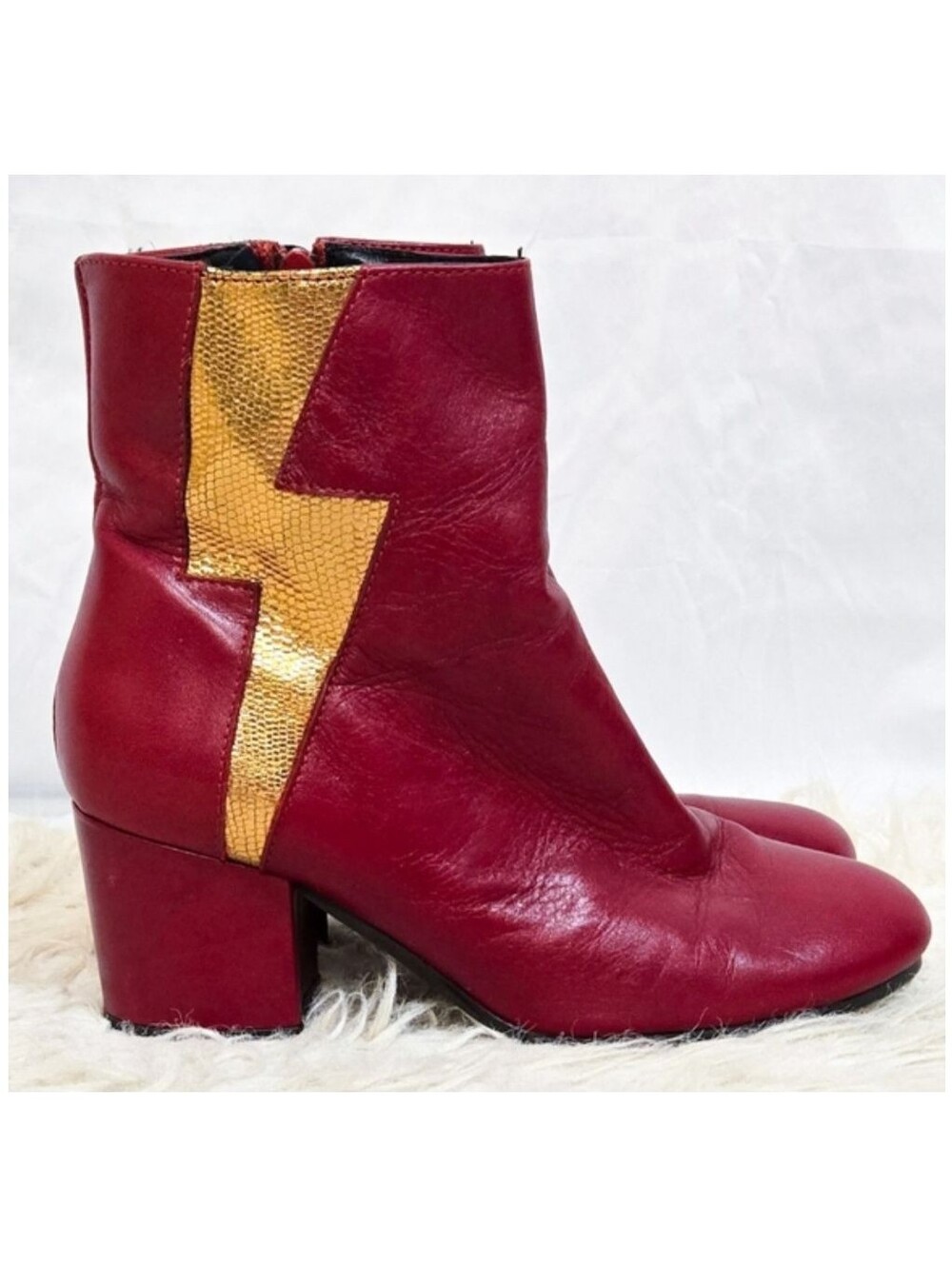 Esska Lightning Bolt Boots Red Gold Leather Block Heel Ankle Booties David Bowie